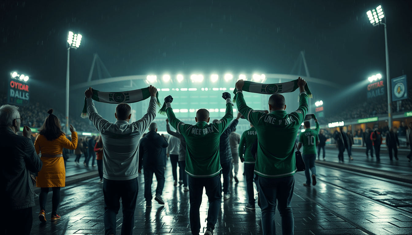 Celtic supporters walking toward a floodlit stadium on a European night