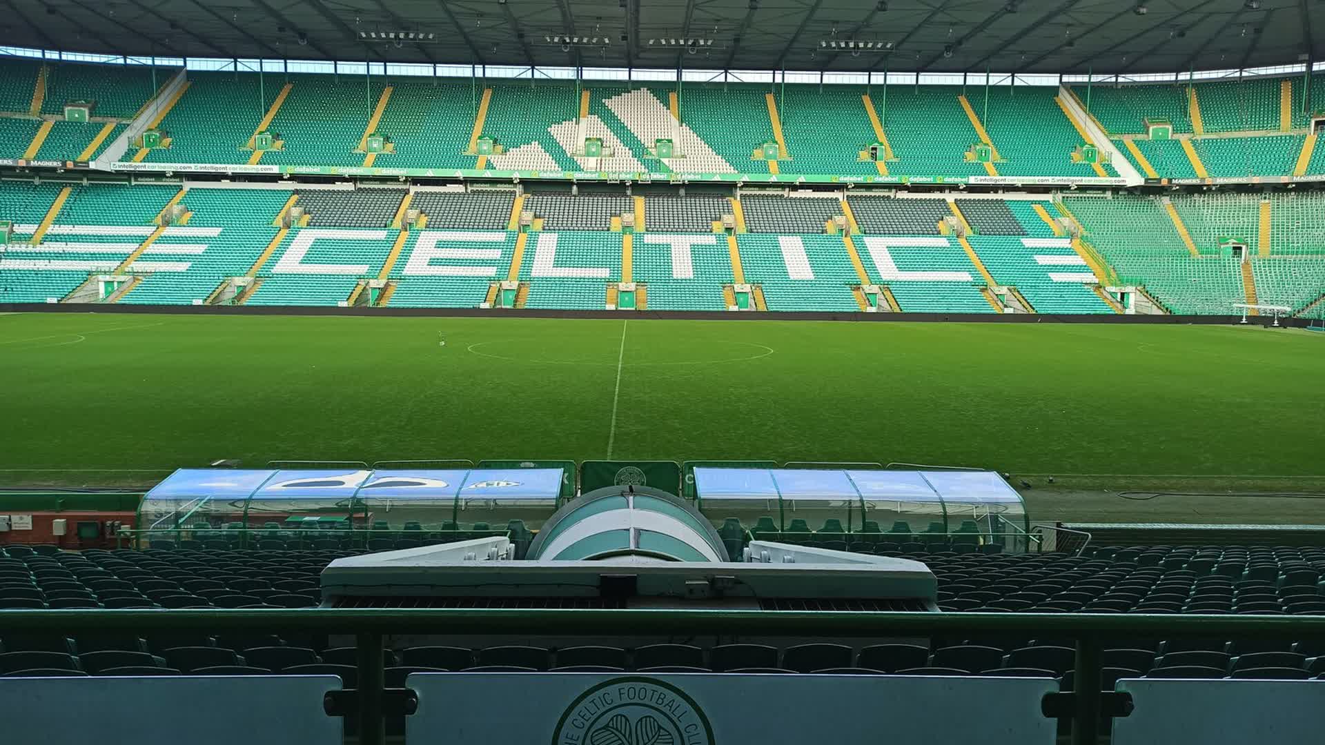 Celtic Park, with CELTIC spelled across the stands