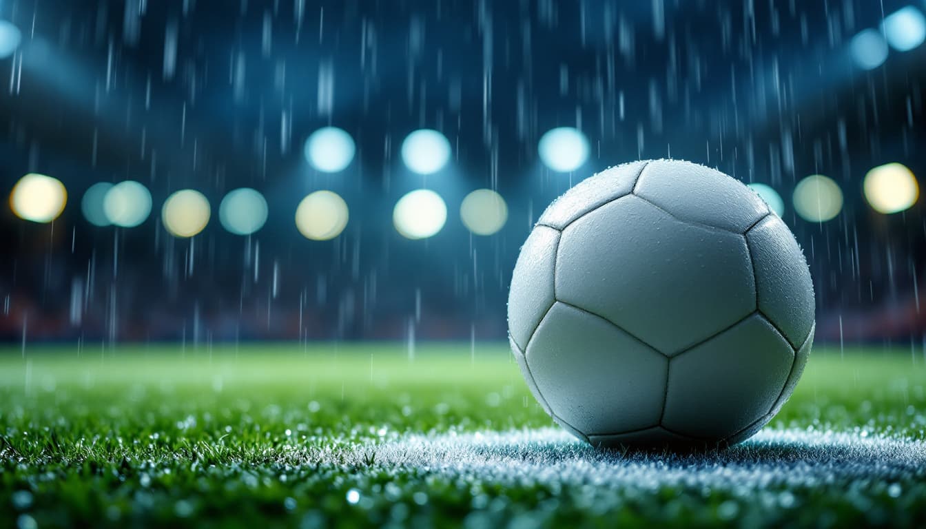 A football on a rain-soaked floodlit pitch