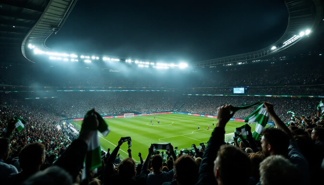 A packed football stadium at night under floodlight haze, fans holding green and white scarves aloft