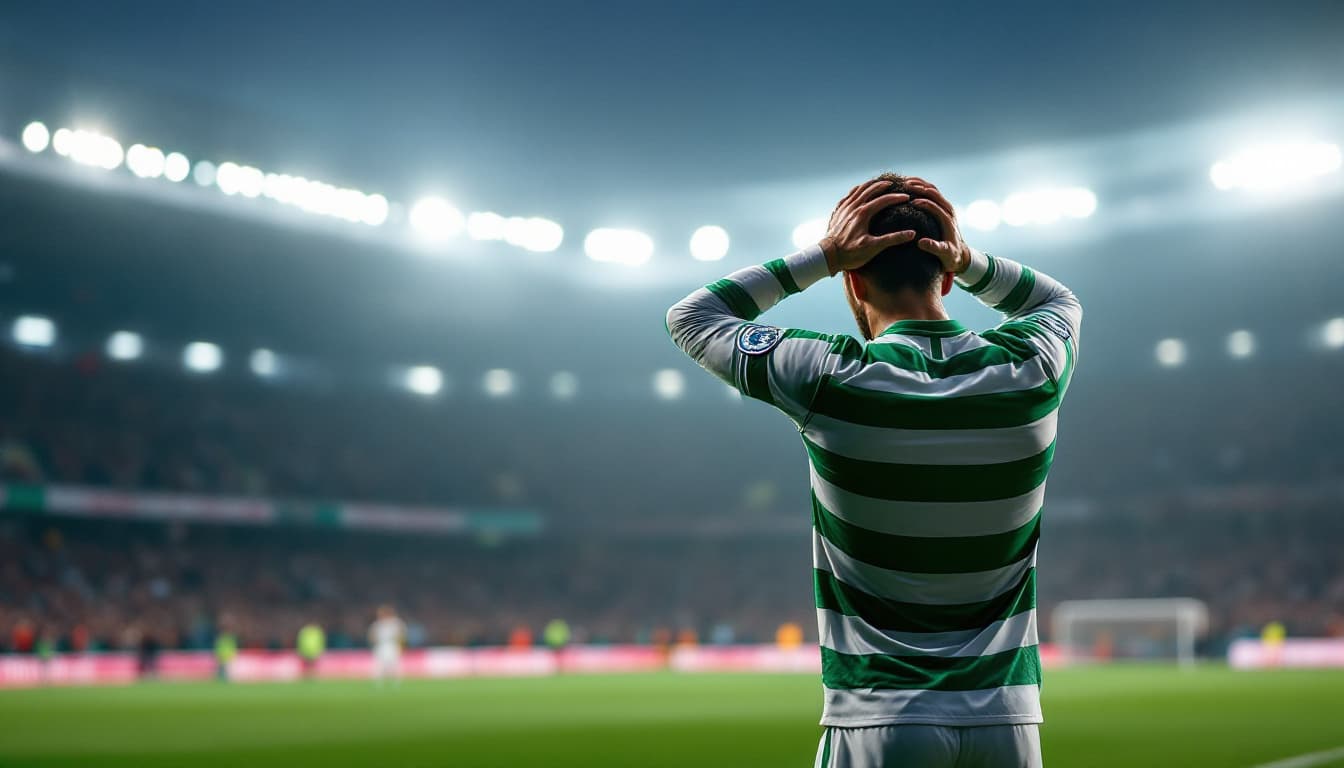 A dejected Celtic player in green and white hoops stands with hands on his head under Paradise floodlights at night