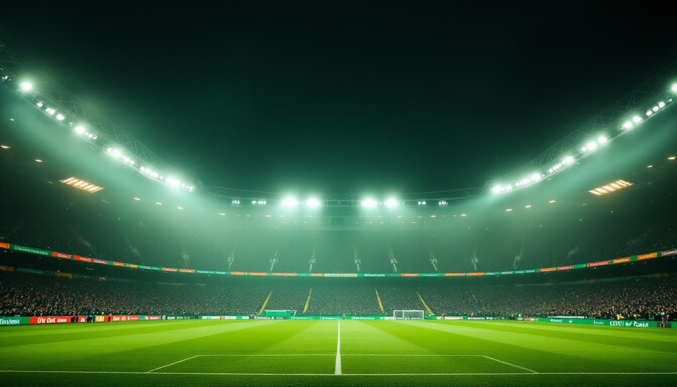 Empty Celtic Park under night floodlights with atmospheric haze over the pitch