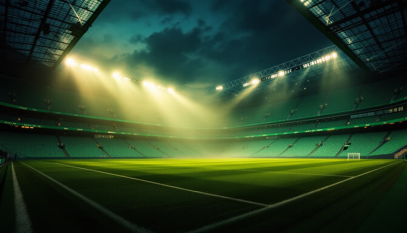 Empty Celtic Park at dusk under floodlights with atmospheric haze over the pitch